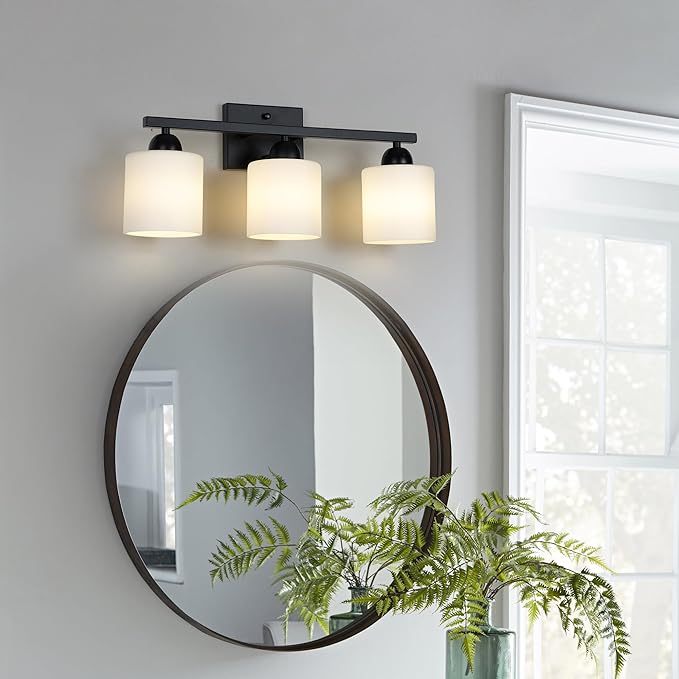 Mecgirn Milk Glass Vanity Lights for Bathroom, 3 Light Matte Black Bathroom Light Fixtures Over Mirror, Ceramic E26 Sockets Wall Mounted