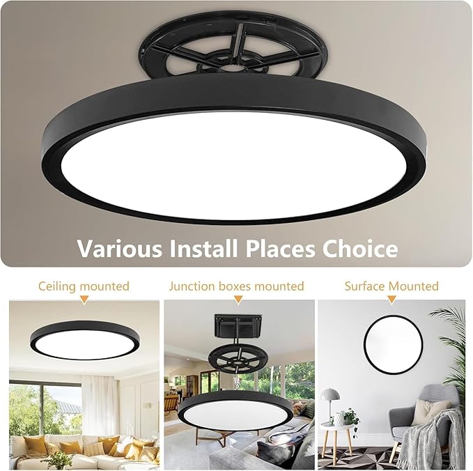 20 Inch LED Flush Mount Ceiling Light, 40W, 4350LM, 3000K/4000K/6000K CCT Selectable Super Slim Round Flat Panel Light for Living Room, Kitchen, Black 2PK