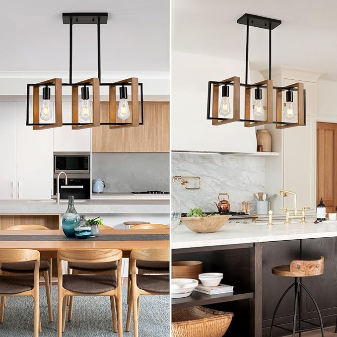 23.6" Kitchen Island Lighting,3 Lights Dining Table Chandelier, Rectangle Island Light for Dining&Living Room, Foyer Hallway,E26, Wood Frame.