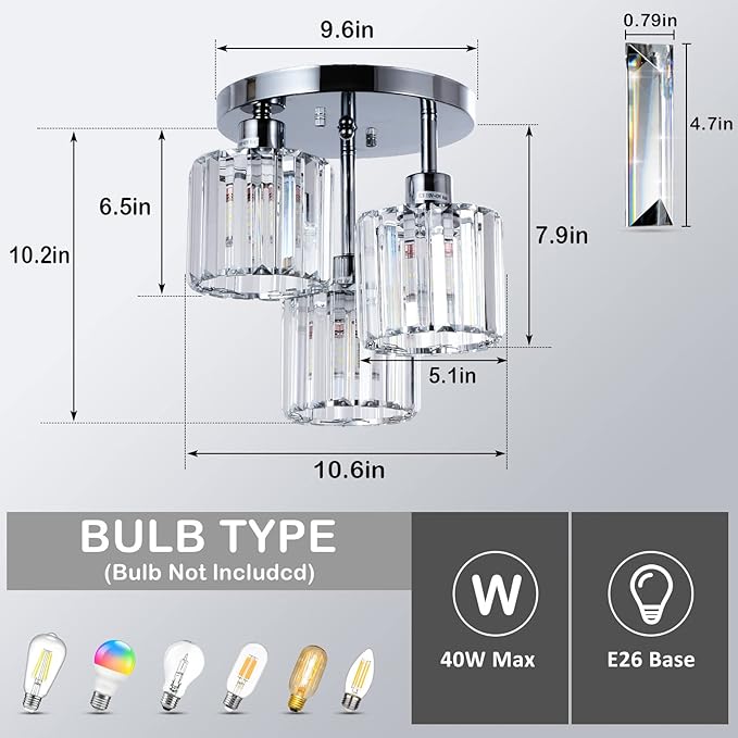 Semi Flush Mount Ceiling Light,3-Light Modern Close to Ceiling Light Fixtures,Kitchen Light with Clear Crystal Shades, Hallway Light Fixtures for Kitchen Entryway Bedroom Bathroom Foyer