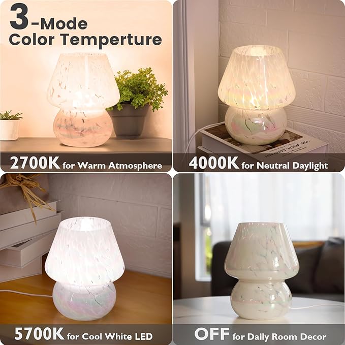 ULAROOM USB Plug-in Mushroom Lamp Small Bedside Table Lamp with 3 Temperature LED Bulb, Free Dimming Nights Light for Bedroom/Living Room/Entryway/Corner Decor or New Home Gift(Rainbow White)