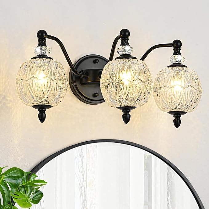 Matte Black Bathroom Vanity Light, 3-Light Mid Century Farmhouse Wall Sconce with Globe Glass Shades, Retro Mirror Light for Bathroom, Powder Room