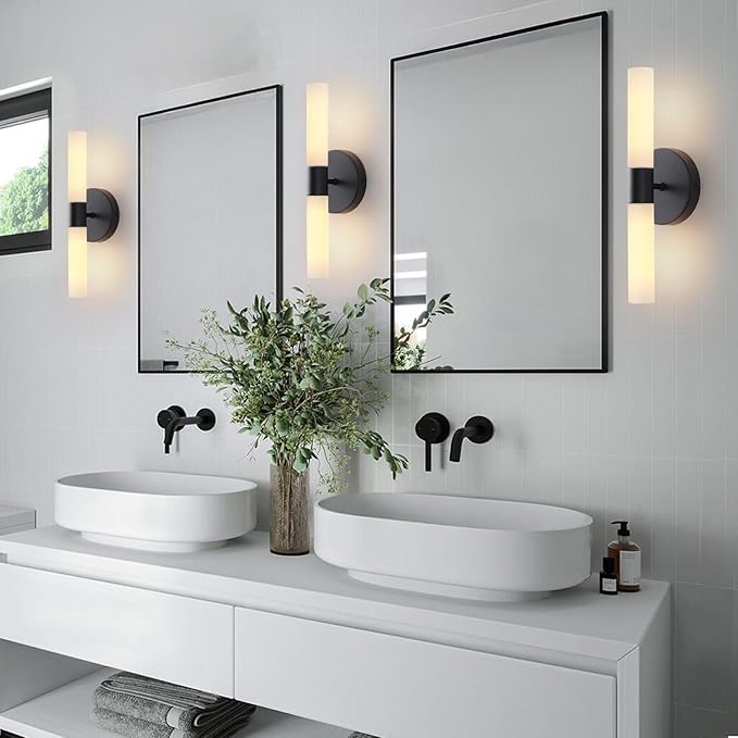 KUZZULL Wall Sconces Set of Two Matte Black Bathroom Wall Sconce Light Set of 2 Modern Wall Light Fixtures Metal Sconces Wall Lighting with White Glass Shade Wall Mounted Lamp for Living Room