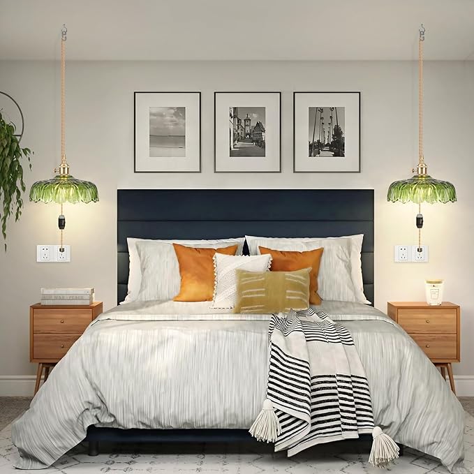 Plug in Pendant Light Fixtures,Green Glass Lampshade Pendant Lighting 9.4in E26 Hanging Light Fixture for Kitchen Island, Bedroom, Dining Room, Living Room