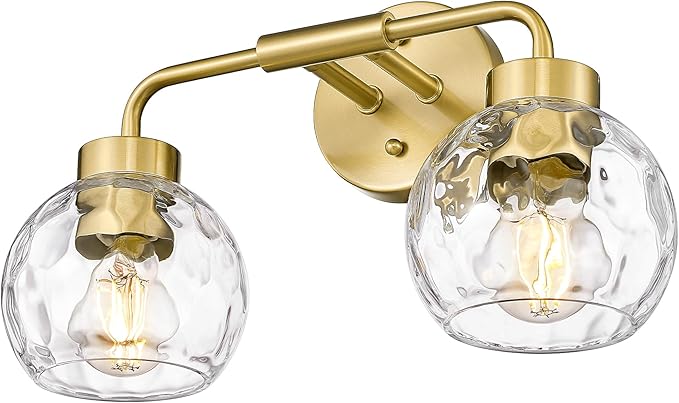 zeyu Globe Bathroom Vanity Light, 2-Light Vanity Light, Bathroom Lights Over Mirror with Water Ripple Globe Glass, Brushed Gold Finish, ZS62BG-2W BG-WG