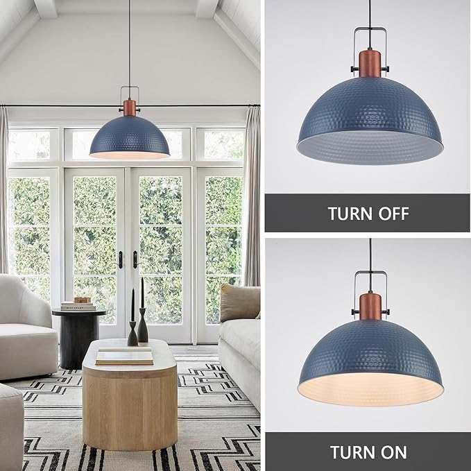 16 Inch Blue Pendant Lights Hammered Matte Pendant Lights for Kitchen Island Industrial Farmhouse Adjustable Height Dome Hanging Light Fixtures for Barn, Dining Room 1 Pack