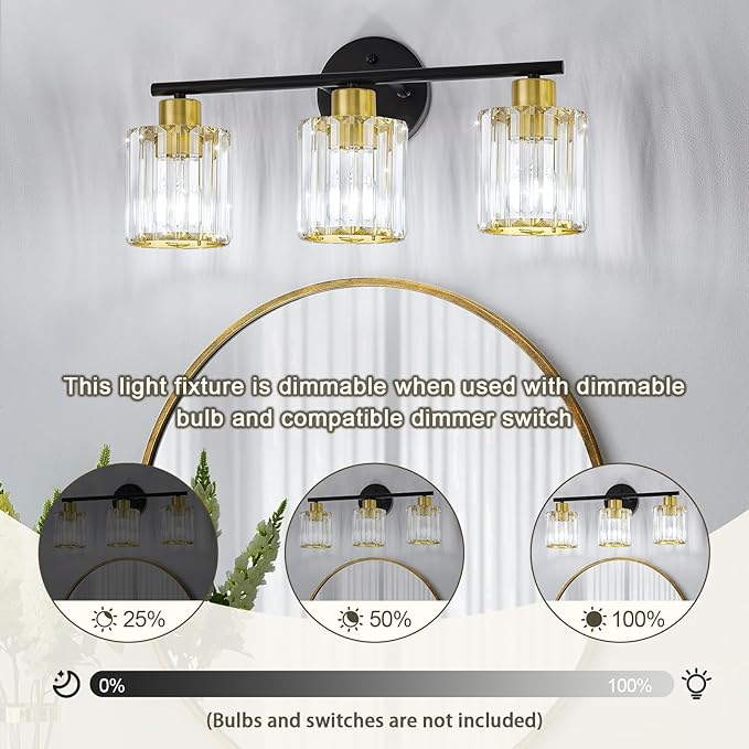 Crystal Bathroom Light Fixtures, Bathroom Lighting Fixtures Over Mirror, Modern Black Gold 3-Light Vanity Lights for Mirror, Restroom, Bedroom (Ceramic E26 Socket,Bulbs Not Include)