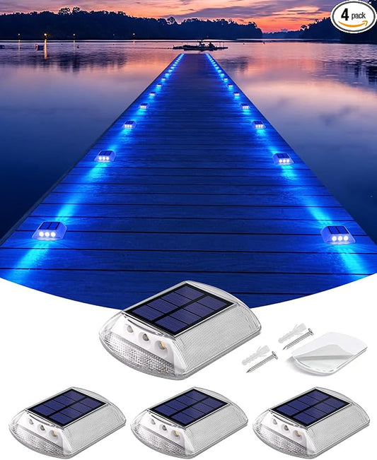 DetarZinLED Solar Driveway Lights Outdoor, 4 Pack IP68 Waterproof Dock Deck Lights Solar Powered, Stick on & Screw Blue Markers Light for Pathway, Walkway, Sidewalk, Patio, Pool Deck, Garage Entrance