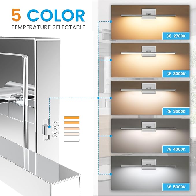 VOLISUN Modern Bathroom Vanity Light 24 inch, Rotatable, 14W Dimmable 5CCT Led Bathroom Light Fixture Over Mirror, Chrome Vanity Light for Bathroom Mirror Cabinets-ETL Certificated