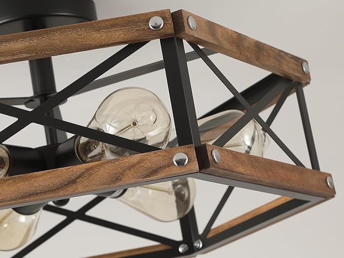 6-Light Large Rustic Farmhouse Wood Flush Mount Ceiling Light Fixture 20 inch Oak Wood and Metal Cage Semi Flush Mount Ceiling Light for Hallway Entry Dining Farmhouse Bedroom Living Room, Black