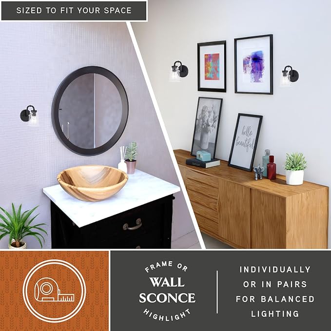 VAXCEL Toledo 1-Light 5.25 inch Wide Matte Black Industrial Bathroom Vanity Lighting Fixture, Clear Glass Shade, Dimmable, LED Compatible, Wall Mounted Steel Sconce