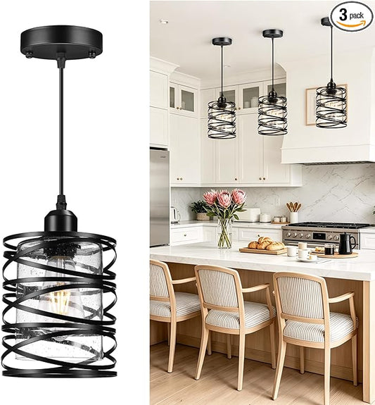 Pendant Lights 3 Pack Kitchen Lights with Bubble Seeded Glass Island Lights Black Hanging Light for Kitchen, Dining Room, Bathroom, Entryway, Restaurant