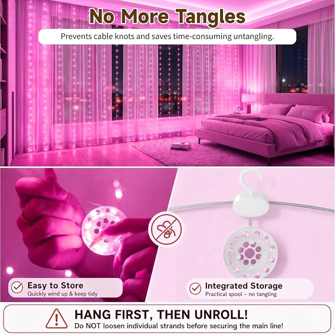 HXWEIYE 300LED Untangled Curtain Lights, 9.8x9.8Ft USB Fairy Twinkle String Lights with Remote and DIY Timer, 8 Modes Window Wall Hanging Light for Bedroom Dorm Backdrop Room Decor, Pink