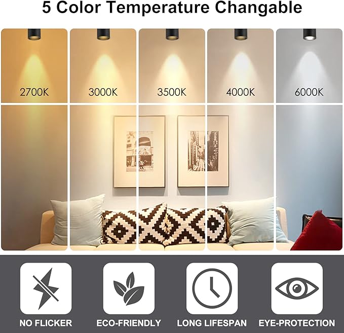 LED Ceiling Spotlight 5CCT 2700K/3000K/3500K/4000K/6000K Selectable Dimmable,Spot Light Indoor Adjustable Flush Mount Lights Fixture 12W CRI 90+, Black, 1 Pack Tilt Angle Accent Lighting