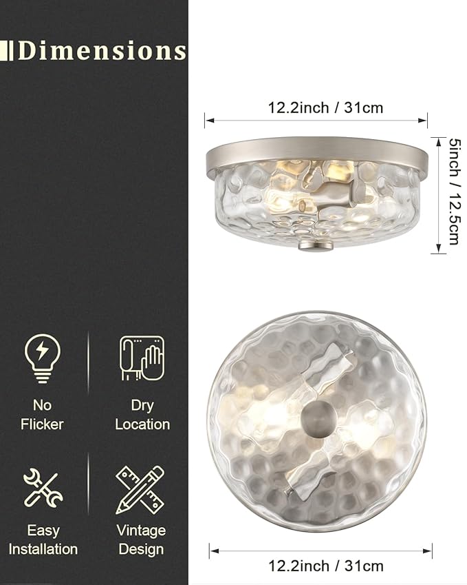 12 Inch Farmhouse Flush Mount Ceiling Light, 2 Light Industrial Close to Ceiling Light, Industrial Ceiling Lighting Fixture for Kitchen Hallway Bedroom Living Room (12.2 Inch Brushed Nickel)