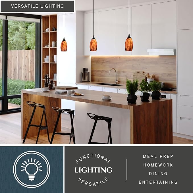 VAXCEL Milano Mini Pendant for Kitchen Island, Oil Rubbed Bronze, Smoky Fire Glass, Dimmable Ceiling Mounted Lighting, Adjustable Height