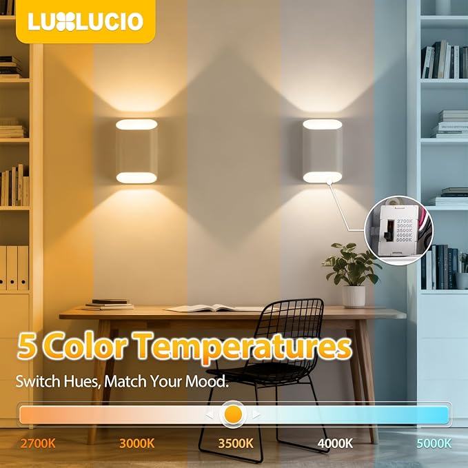 2 Pack White Up & Down Wall Sconce Lamp 5%-100% Dimmable, Modern Indoor/Outdoor Porch Light, IP65 Waterproof, 120V, 1200LM, 12W, 2700K-5000K 5-Color Selectable, CRI90+, ETL FCC Certified