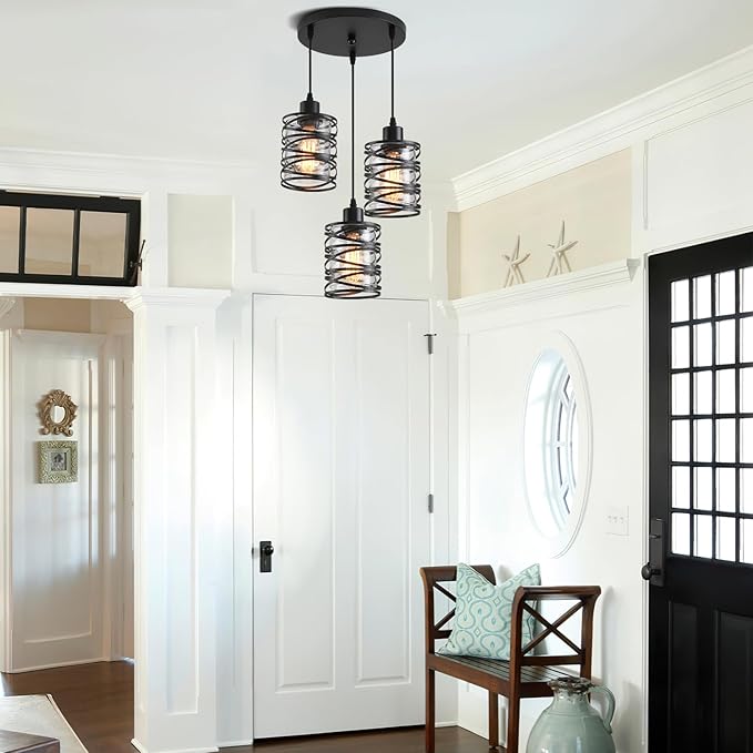 3 Light Pendant Lights Kitchen Island Black Pendant Light Fixtures Spiral Iron Kitchen Island Lighting with Clear Glass Shade Adjustable Hanging Light Fixtures