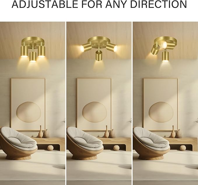 BoostArea LED 3 Light Track Lighting Kit, LED Track Lighting Fixtures, Gold Round Ceiling Spot Lighting, Flexibly Rotatable Light Head for Kitchen, Living Room, Bedroom, GU10 Bulb Not Included