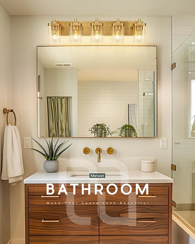 Bathroom Light Fixtures, 30" Brushed Gold Vanity Light, 5-Light Modern Wall Sconces with Square Clear Glass Shade, Vanity Lighting Fixtures Over Mirror, VL194-BG-5