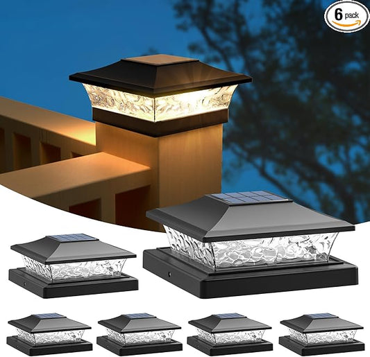 APONUO Solar Post Cap Lights 6 Pack for 4x4 5x5 6x6 Wood & Vinyl Fences - IP65 Waterproof, All-Night Auto On/Off, Warm/Cool White Light, Outdoor Deck Patio Garden (Black)