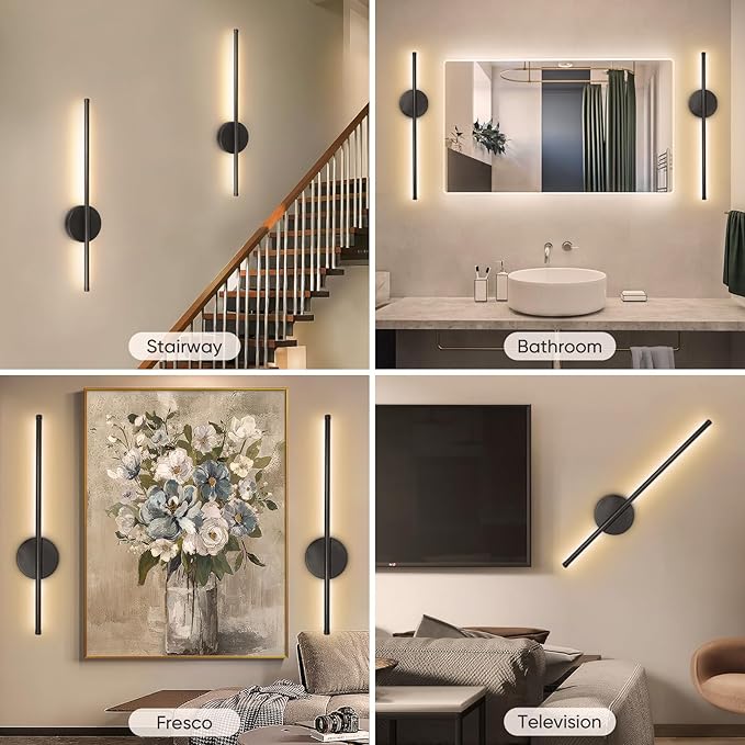 TaoFiaCo Battery Operated Wall Sconces Set of Two, Wireless Rechargeable Wall Sconces Black with Remote Control Dimmable, Cordless Wall Light Decor for Living Room, Bathroom, Hallway, Timing, 24 Inch