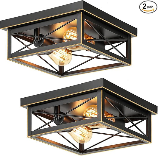 Brushed Gold Hallway Light Fixtures Ceiling, 2-Light Farmhouse Industrial Flush Mount Ceiling Lights, 2-Pack Metal Kitchen Light Fixtures, Close to Ceiling Lights for Bedroom Living Room Entryway