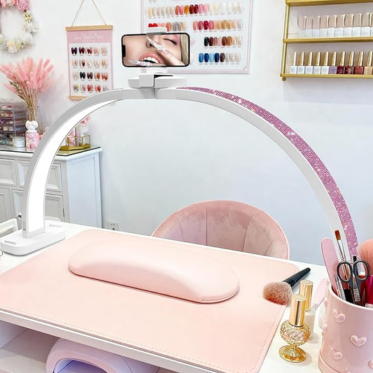 Half Moon Light for Nail Desk 31" Foldable LED Nail Desk Lamp with Phone Holder, Professional Nail Tech Light for Manicure & Beauty Studio