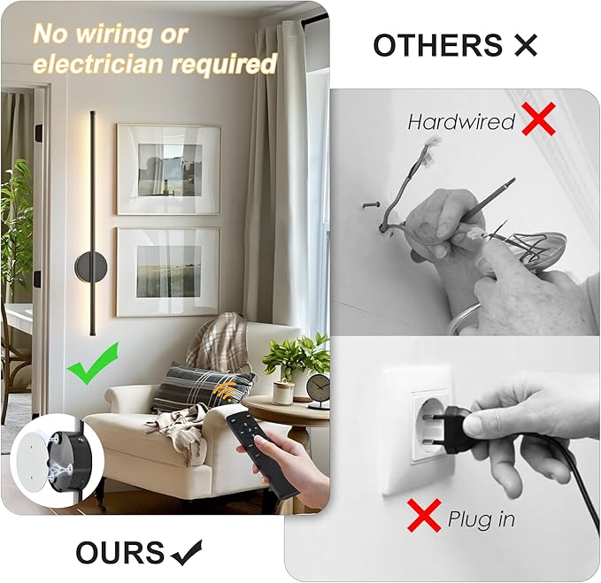 Battery Operated Modern Wall Sconces Set of Two,Rechargeable Wireless Wall Lights with Remote Control,Dimmable,3CCT,Timer,360°Rotation,Cordless Lighting for Bedroom,Living Room,Hallway,Black,27.6 Inch