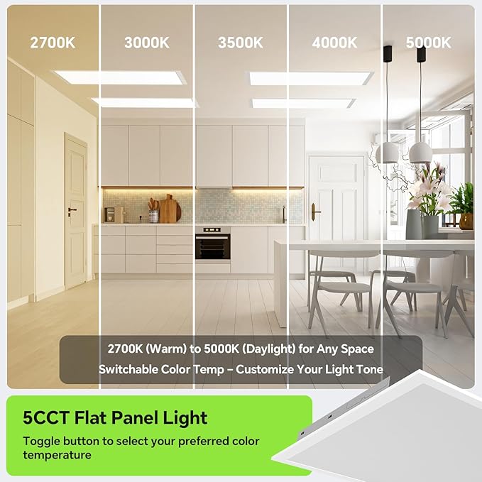 2x2 LED Light Flat Panel, 40/35/30/25/20W, 5 Color Temps 2.7K/3K/3.5K/4K/5K, Dimmable (0-10V) Recessed Ceiling Lights, 5200 LM, Fixture Flush Mount Ceiling for Office Kitchen Garage ETL-2Pack