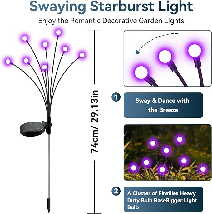 Slyuexu Solar Garden Lights Outdoor Waterproof, 2 Pack 16 LED Swaying Firefly Lights Outdoor Decor Light for Pathway Party Christmas Decoration, Unique Gifts for Women, Purple