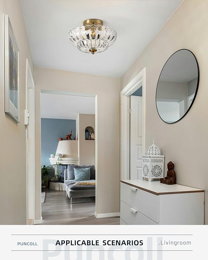 11.8 inch Semi Flush Mount Ceiling Light, 3-Light Close to Ceiling Light Fixtures with Flower Glass, Vintage Ceiling Lights for Hallway Living Room Kitchen Bedroom Bathroom, Clear