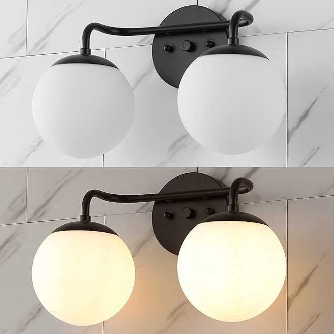 JONATHAN Y 15" Black Modern Globe Wall Sconce Vanity Light for Bathroom, White Frosted Glass Shade, Midcentury Parisian Bistro Wall Lamp, LED Bulb Included (JYL3535B)