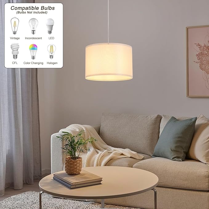 2 Pack Plug in Pendant Light, Hanging Light with 15Ft Clear Cord, On/Off Switch, Beige Yellow Fabric Lamp Shade, Hanging Light Fixture for Bedroom, Kitchen