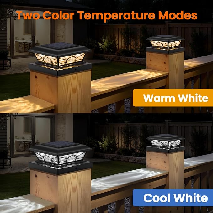 Brightever 4x4 3.5x3.5 Solar Post Cap Lights, 12pack Solar Powered Fence Post Light Outdoor Waterproof for Vinyl/Wooden Post, 2 Modes(Warm/Cool White), Black Solar Deck Post Lights for Patio, Porch
