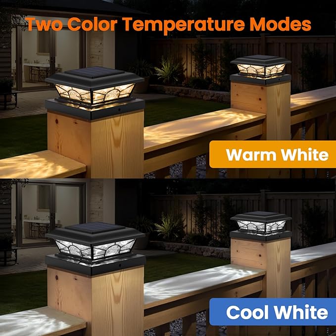 Brightever 4x4 3.5x3.5 Solar Post Cap Lights, 4-Pack Solar Powered Fence Post Light Outdoor Waterproof for Vinyl/Wooden Post, 2 Modes(Warm/Cool Light), Black Solar Deck Post Lights for Patio, Porch