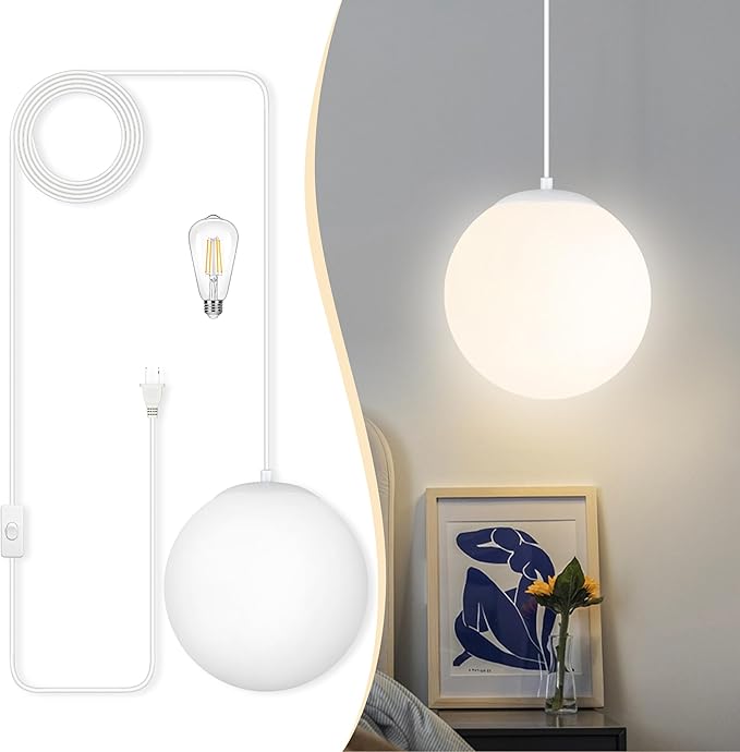 KoKo&Yukina 10" Globe Pendant Light White Plug in Pendant Light Adjustable Hanging Lights with Plug in Cord Matte White Finished with Milk Glass Lampshade for Bedroom Kitchen Island (Bulb Included)