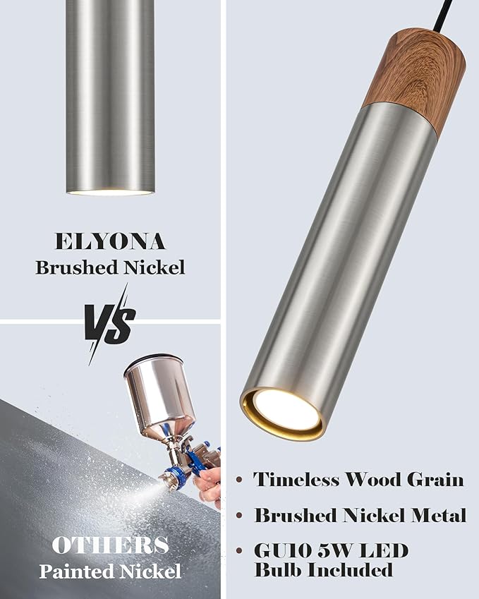 ELYONA 3 Pack Modern LED Pendant Light Fixtures, Brushed Nickel Metal with Wood Grain, 13.8" Mid Century Hanging Pendant Lights with GU10 Bulbs for Kitchen Island Dining Room Bedroom Adjustable Height