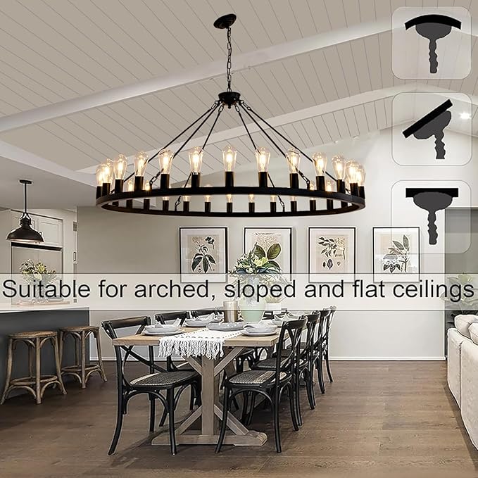 Wagon Wheel Chandelier Farmhouse 53" 30-Light Large Black Farmhouse Round Wheel Chandelier Light fixtures Outdoor Wagon Wheel Chandeliers for Porch high Ceilings Dining Room Living Room