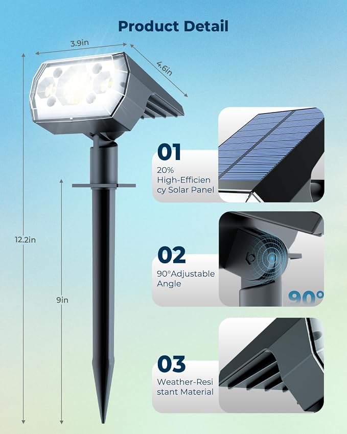 Solar Lights Outdoor Waterproof IP67, 6 Pack 64 LED Outdoor Solar Lights, 3 Lighting Modes Auto On/Off Solar Spot Lights Outdoor for Garden, Yard, Landscape - Cool Daylight
