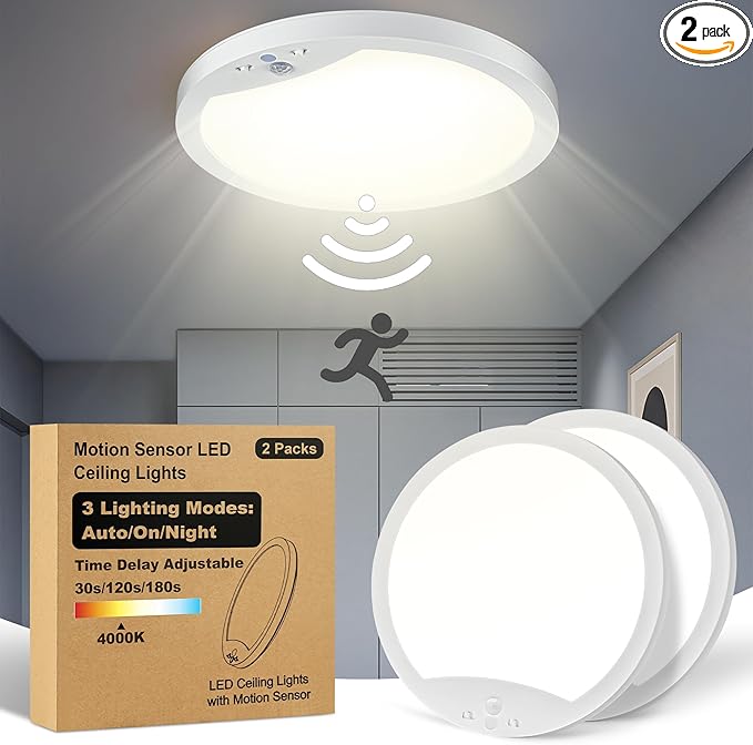 2-Pack 20W Motion Sensor Ceiling Lights Hard-Wired, 9Inch Indoor Motion Activated LED Ceiling Light Fixtures with 3 Modes, 4000K Flush Mount Lights for Closet Stairwell Hallway, NOT Battery Operated