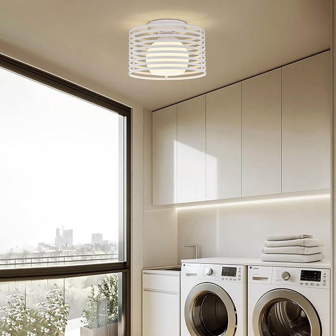 Modern Industrial Semi Flush Mount Ceiling Light, 1-Light White Farmhouse Ceiling Light Fixture with Glass Shade, Hallway Lighting Fixture for Kitchen, Bedroom, Bathroom, Foyer, Laundry room 9.0in