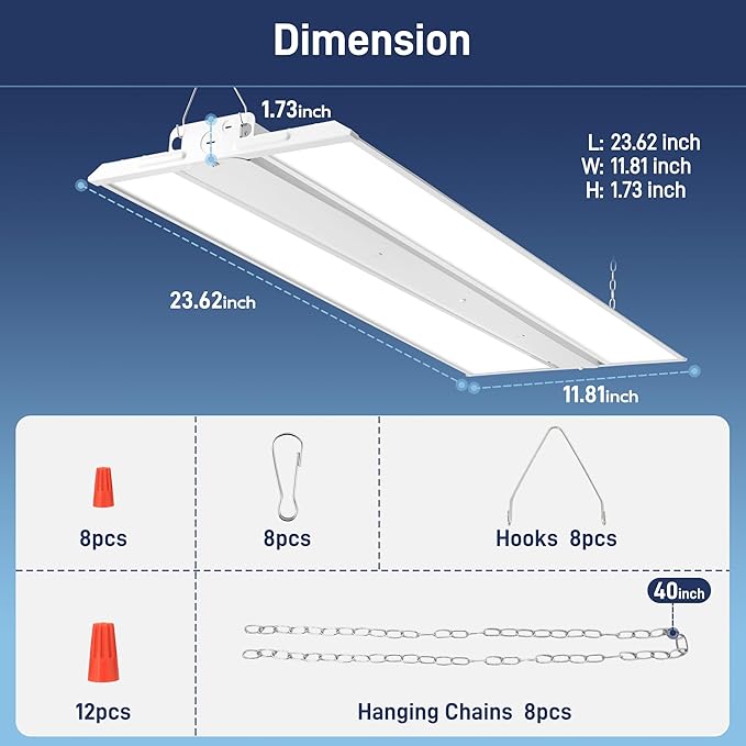 hykolity 4 Pack 2FT 150W LED Linear High Bay Shop Light, 20250lm 135LM/W, 120-277V, 0-10V Dimmable, 5000K Daylight Hanging Light for Warehouse Workshops, UL Listed