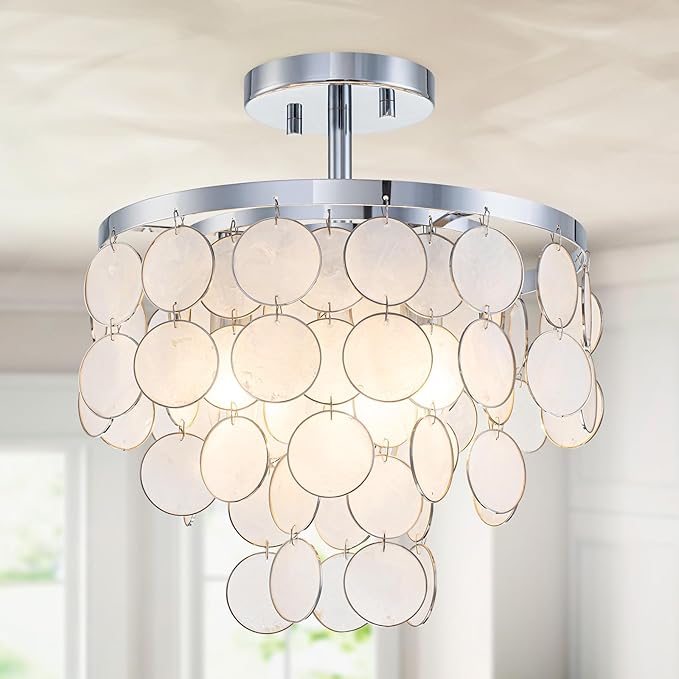 D11 inch Capiz Shell Ceiling Light, 3-Light Coastal Design Semi-Flushmount Light Fixture for Dining Room, Hallway, Bedroom, D11xH13 in, True Shell Pendants& Chrome Finish Frame
