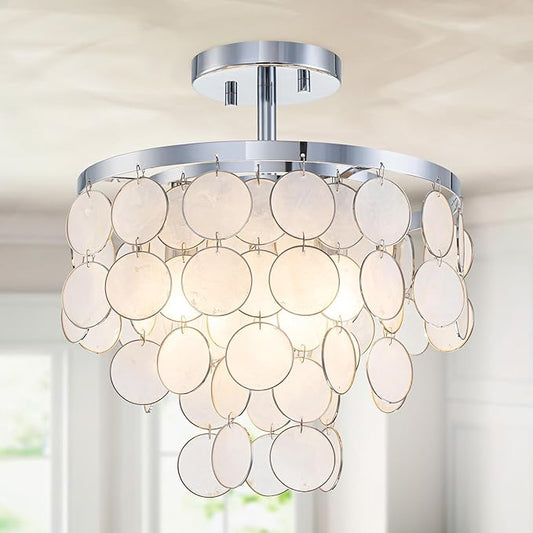 D11 inch Capiz Shell Ceiling Light, 3-Light Coastal Design Semi-Flushmount Light Fixture for Dining Room, Hallway, Bedroom, D11xH13 in, True Shell Pendants& Chrome Finish Frame