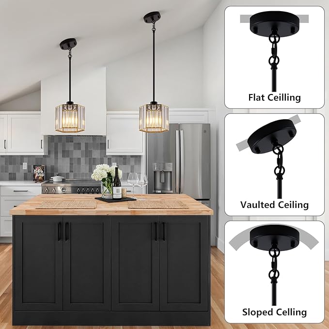 XSDeTu Black Pendant Lights Kitchen Island 2 Pack, Modern Crystal Chandeliers, Mini Hexagonal Pendant Light Fixture, Adjustable Hanging Ceiling Light for Kitchen Island Dinning Room Sink Bedroom