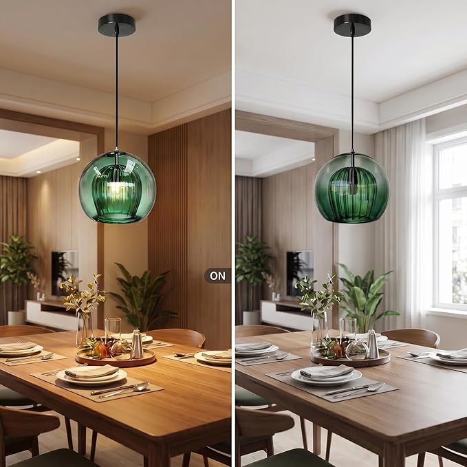 Single Glass Pendant Lights Green Striped Vintage Pendant Light Fixtures Blown Globe Shade Mid Century Modern Hanging Ceiling Lamp Black Adjustable Cord for Kitchen Island Dining Room Hallway