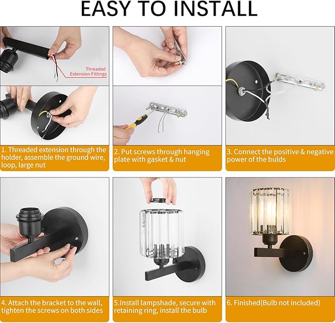 TISLYCO Black Wall Sconces Set of 2, Bathroom Wall Lighting Fixtures Over Mirror, Vanity Light, Modern Glass Shade Wall Lamp Black Indoor Decor for Bedroom Living Room Entryway