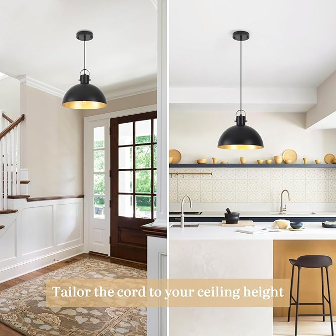 Black Pendant Light 2 Pack, 11.8 Inch Pendant Lights Kitchen Island, Dome Pendant Lights, Farmhouse Pendant Light for Kitchen Island, Dining Room, Living Room