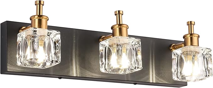 PRESDE Modern Black Bathroom Vanity Light Fixtures Over Mirror LED Crystal 3 Light Bath Wall Lighting